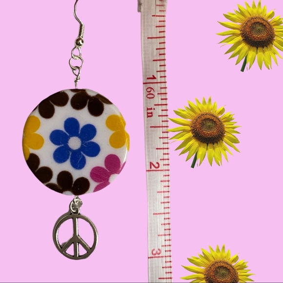 Hand Crafted Earrings Flower Peace Hippie Boho Dangle Silver Pink Blue Pierced - Picture 4 of 6